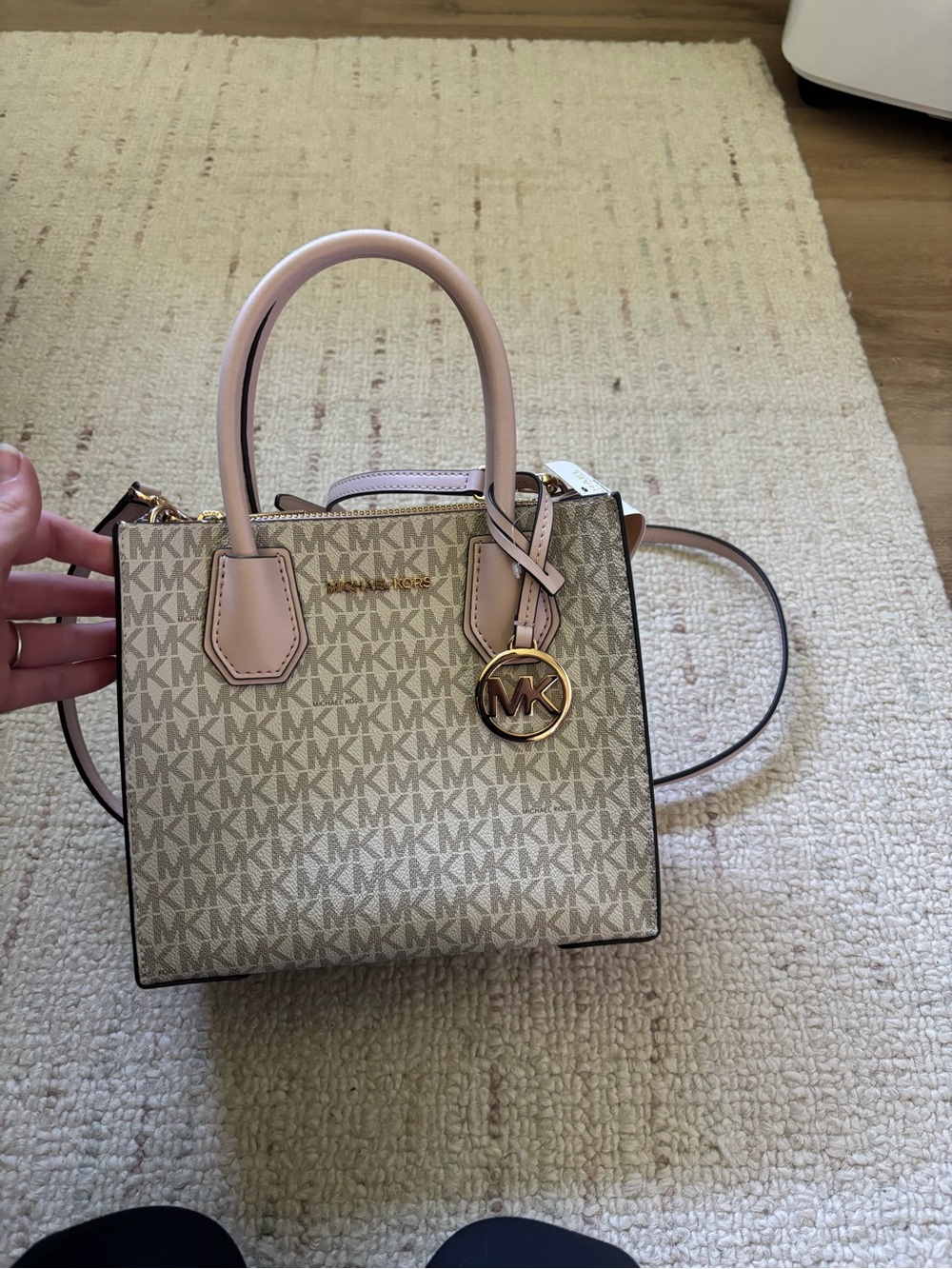 Michael Kors Beige Logo Satchel with Pale Pink Trim